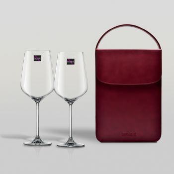 แก้วไวน์แดง Hong Kong Hip Bordeaux และกระเป๋าหนัง สี Red Ruby